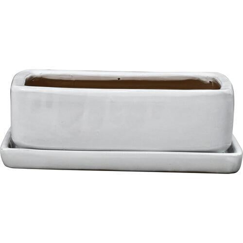 Gardeners Edge Glazed Bonsai Rectangle Pot Small White