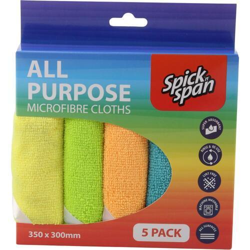 Spick N Span All Purpose Microfibre Cloths 5 Pack 220 X 350mm Assorted