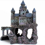 Colorful aquatic ornament featuring a magical castle design, measuring 34.93 cm x 31.75 cm x 18.42 cm.