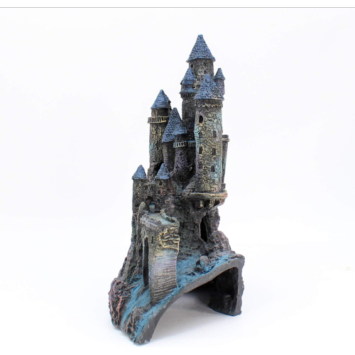 Colorful aquatic ornament depicting a magical castle, measuring 34.93 cm H x 31.75 cm W x 18.42 cm D, ideal for fish tanks.