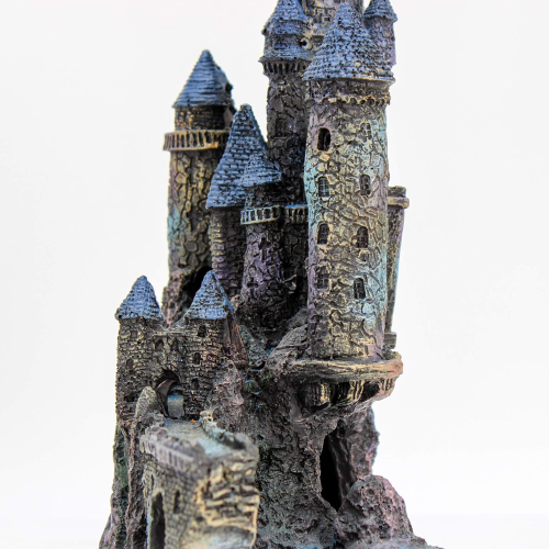 Colorful aquarium decoration featuring a magical castle design, measuring 34.93 cm x 31.75 cm x 18.42 cm.