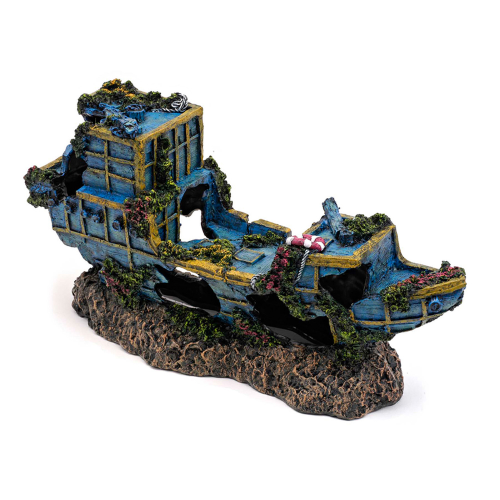 Small sunken treasure ship aquatic ornament, measuring 17.78 x 5 x 7.62 cm, perfect for enhancing aquarium decor.