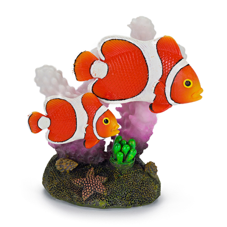 Colorful clown fish and vibrant coral ornamental piece for aquariums, measuring 5.1 x 7.6 cm.