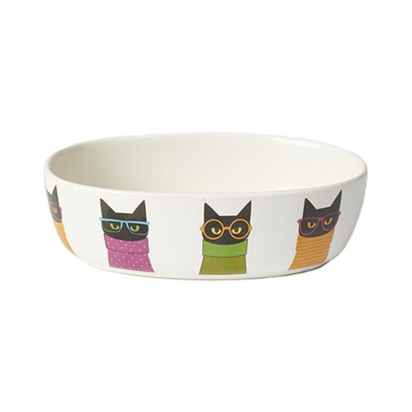 Oval ceramic cat bowl with a 17cm diameter, colorful designs, whisker-friendly shape, and hygienic non-porous glaze.