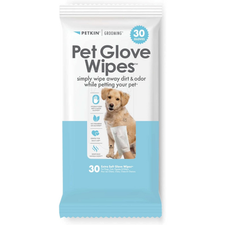 Petkin Pet Glove Wipes pack of 30, dual-sided mitts for easy cleaning of pets, gentle, scented, and natural formula.