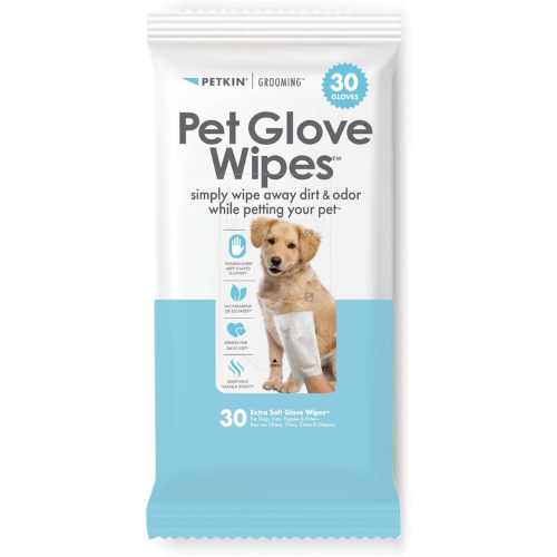 Petkin Pet Glove Wipes pack of 30, dual-sided mitts for easy cleaning of pets, gentle, scented, and natural formula.