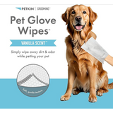 Gentle Petkin glove wipes for easy cleansing, safe for daily use, enriched with natural ingredients and soothing vanilla scent.