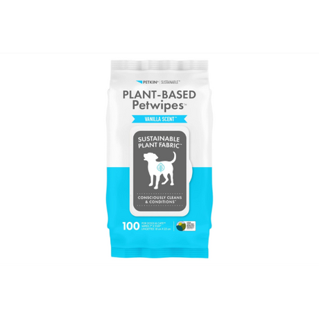 Plant-based pet wipes with gentle vanilla scent, perfect for cleaning dogs and cats' face, paws, ears, and body.