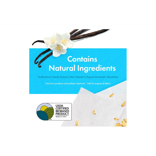 Plant-based pet wipes with vanilla scent, biodegradable fabric, gentle for dogs and cats, ideal for face, paws, and body cleaning.