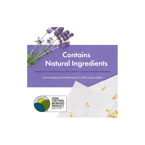 Plant-based pet wipes with lavender scent for gentle cleansing of dogs and cats' face, paws, and body. 100 wipes per pack.