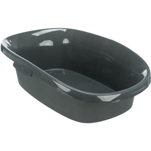 Cat litter tray in anthracite and grey-green, with a rim for added containment, measuring 31x14x43cm.