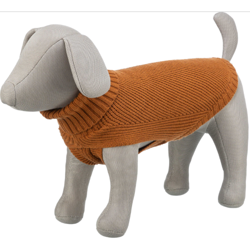 Rust cotton and wool pullover sweater for dogs, size S, designed for warmth and freedom of movement.