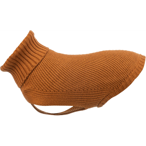 Cozy rust pullover sweater for dogs, featuring cotton-wool blend and generous leg cutout for freedom of movement.