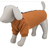 Rust cotton dog sweatshirt with warming inner, O-zip for harness compatibility, and continuous back zipper, size XS.