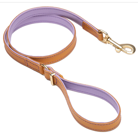 Padded lilac leather dog leash with brushed gold hardware, 100cm long, blending comfort and style for all dogs.