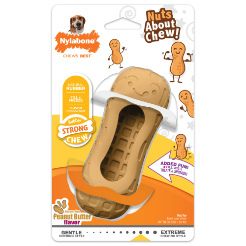 Adorable peanut-shaped chew toy with a treat pocket for peanut butter, promoting healthy chewing habits in dogs.