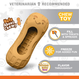 Peanut-shaped chew toy for dogs with treat pocket, designed for fun, fillable with peanut butter, promotes healthy chewing.