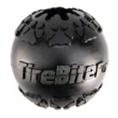 Dog Toy TireBiter Treat Station Ball: Durable rubber ball with a rope, designed for fun and engaging playtime for dogs.