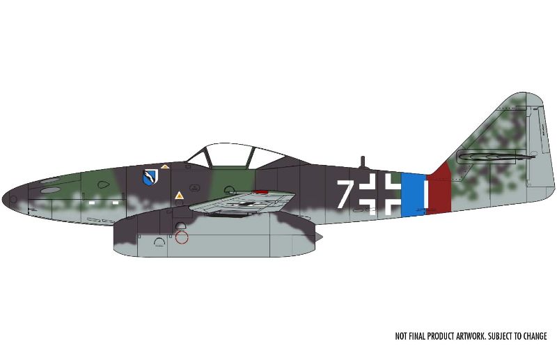 1:72 scale Airfix model of the Messerschmitt ME262A-2A, showcasing its iconic design and WWII fast attack capabilities.