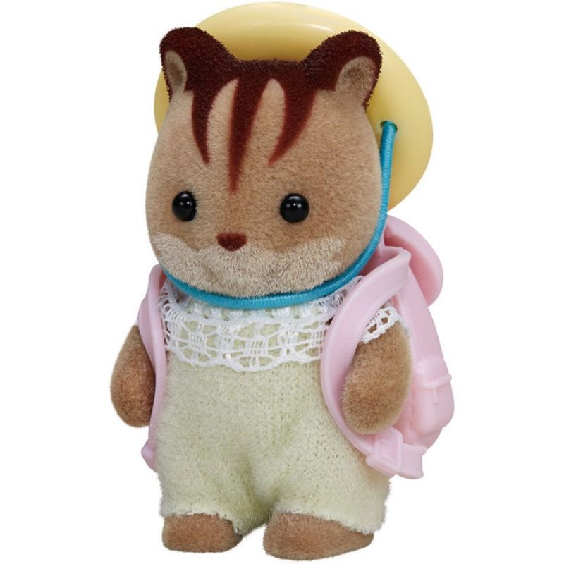 Walnut Squirrel Baby Ambrose from Sylvanian Families, dressed in fabric clothing with a hat and bag for imaginative play.