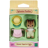 Walnut Squirrel Baby Ambrose from Sylvanian Families, a 5 cm figure with removable clothing, hat, and bag for imaginative play.