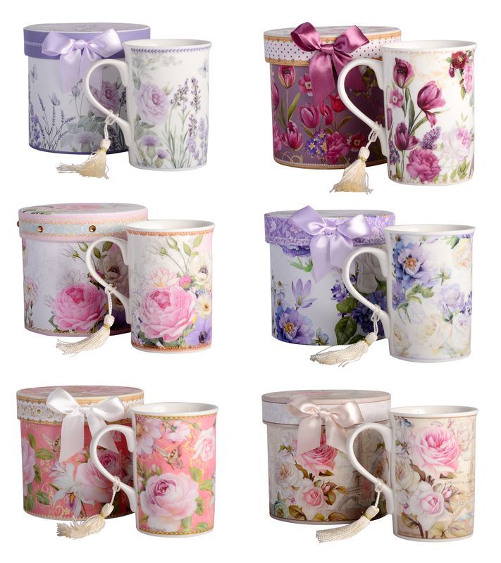 Set of 6 assorted floral mugs with tassels, 10cm ceramic, perfect for tea and coffee lovers. Ideal for gifting or home décor.