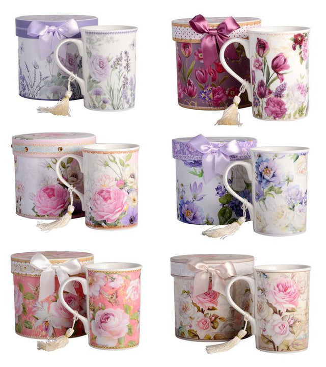 Set of 6 assorted floral mugs with tassels, 10cm ceramic, perfect for tea and coffee lovers. Ideal for gifting or home décor.