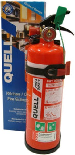 Quell 1kg Powder Fire Extinguisher for kitchen and garage, featuring durable finish, steel handle, and quick-access wall hook.