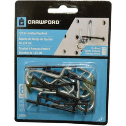 Curved pegboard hooks, 8 pieces, 12mm, ideal for organizing tools and supplies in garages and workshops.