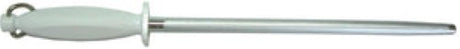 Polished 300mm sharpening steel with high carbon chrome vanadium blade, white handle, and stainless steel hanging ring.