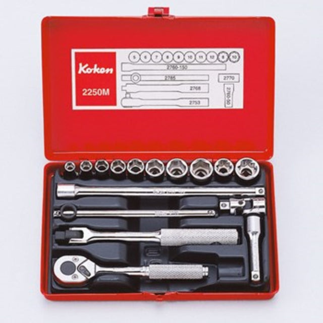 Koken 2250M Socket Set: 16-piece collection with 6pt and 8pt sockets, portable metal case, ideal for professionals and DIYers.