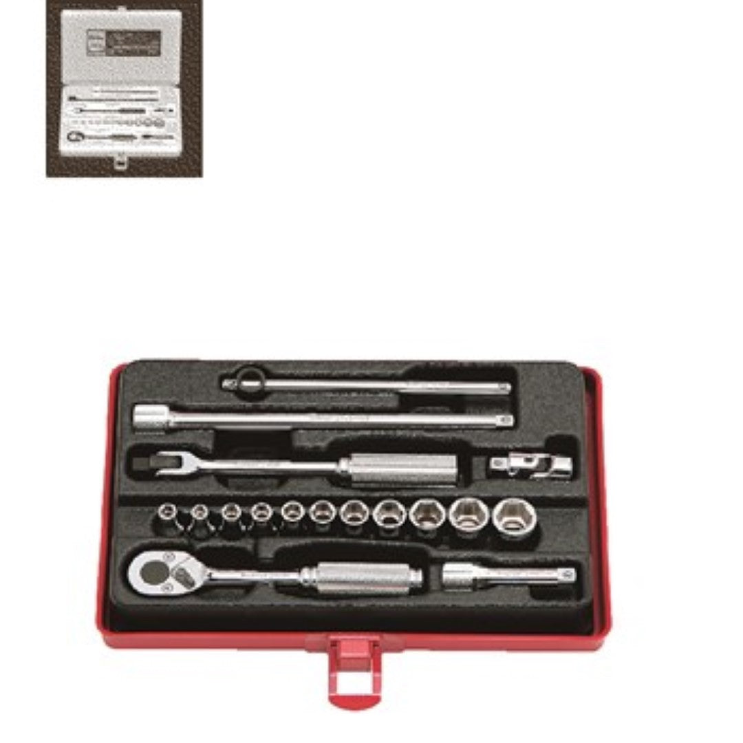 Koken 2261M 17pc 1/4" Drive socket set with 6-point sockets, compact ratchet, and metal case for durability and portability.