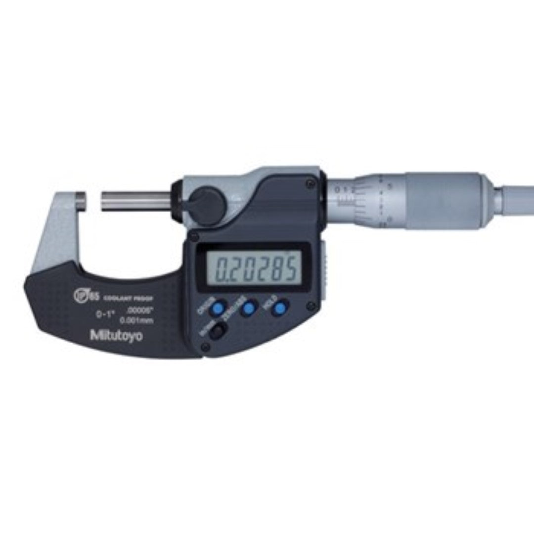 Mitutoyo Digimatic Micrometer 0-1"/0-25mm with LCD, IP65 coolant proof, featuring advanced Absolute Encoder for precise measurements.