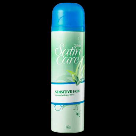 Gillette Satin Care Sensitive Skin Shaving Gel with Aloe Vera, 195g, ensures a smooth, irritation-free shave for sensitive skin.
