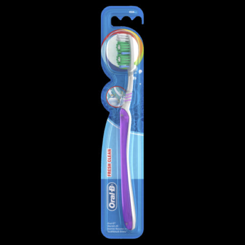 Oral-B Fresh Clean Medium Toothbrush featuring cup-shaped bristles, tongue cleaner, and gentle end-rounded bristles for optimal dental care.