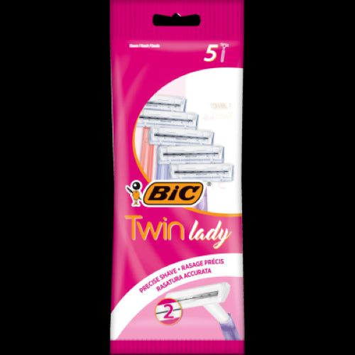 Bic Twin Lady Disposable Razor 5pk featuring twin blades, soft grip handle, and protective cap for smooth, effortless shaving.