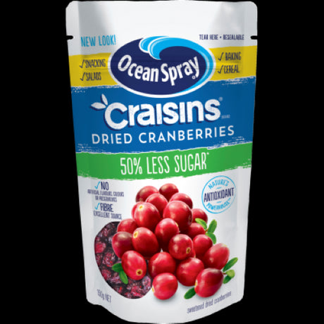 Ocean Spray 50% Less Sugar Craisins in 150g pack, offering sweet, tangy flavor with 50% less sugar and high fiber content.