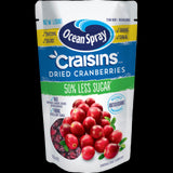 Ocean Spray 50% Less Sugar Craisins pack, showcasing dried cranberries, low sugar, and high fiber for healthy snacking.