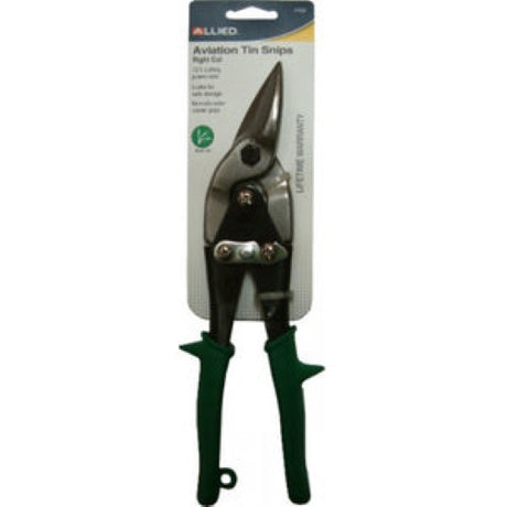 Aviation snip with green non-slip handle, precision cutting edges, and ergonomic grips for effortless metal cutting tasks.