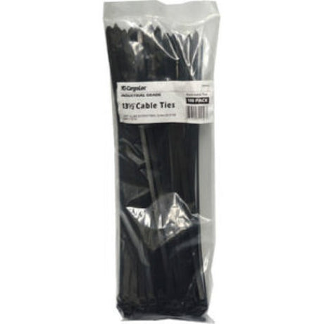 Heavy-duty black nylon cable ties, 335mm long, 120lb tensile strength, ideal for bundling and fastening tasks, 100-pack.