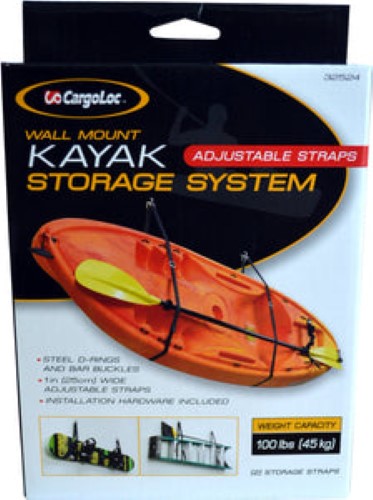 Kayak Wall Mount Storage System with adjustable straps, steel D-rings, and buckles for secure storage up to 42kg.