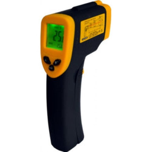 Infrared thermometer with smart sensor, laser pointer, and wide temperature range from -32C to 380C, includes batteries.