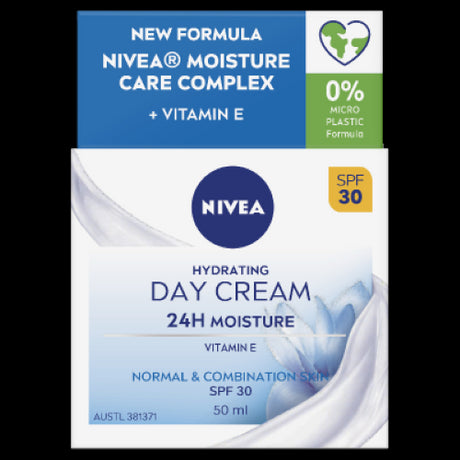 Nivea SPF30 Hydrating Day Cream for normal/combination skin, 50ml, provides moisture, sun protection, and a smooth makeup base.