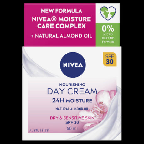 Nivea Dry & Sensitive Skin SPF30 Day Cream in a 50ml jar, offering moisturizing and sun protection for sensitive skin.