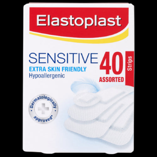 Elastoplast Assorted Sensitive Strips 40pk for gentle wound care; hypoallergenic, breathable, and waterproof for all skin types.