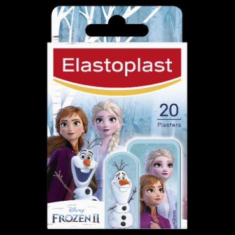 Elastoplast Frozen II Plasters 20pk with designs of Elsa and Anna, perfect for kids' cuts and scrapes, skin-friendly and latex-free.