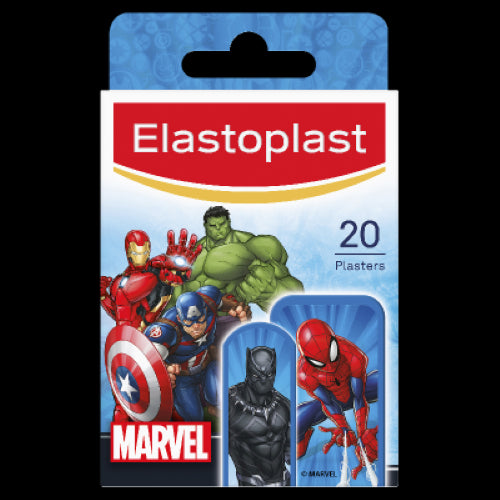 Elastoplast Marvel Plasters 20 pack featuring superhero designs, skin-friendly, breathable, and latex-free for comfortable use.