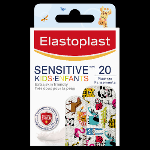 Elastoplast Kids Sensitive Animal Plasters in a 20 pack feature cute designs, gentle on sensitive skin for minor injuries.