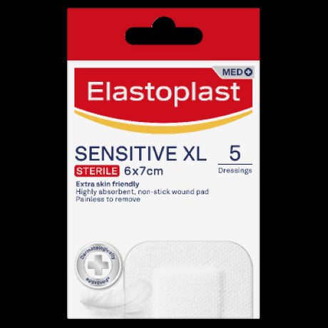 Elastoplast Sensitive XL Dressings pack, hypoallergenic and latex-free, ideal for large wounds and sensitive skin care.