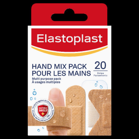 Elastoplast Hand Mix Pack Strips 20pk, featuring flexible, waterproof plasters for effective wound protection and comfort.